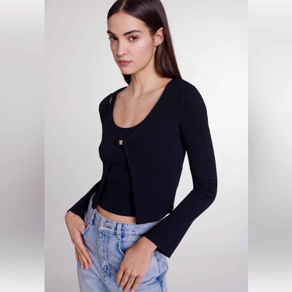 Maje Black Ribbed Knit Crop Cardigan with Tank